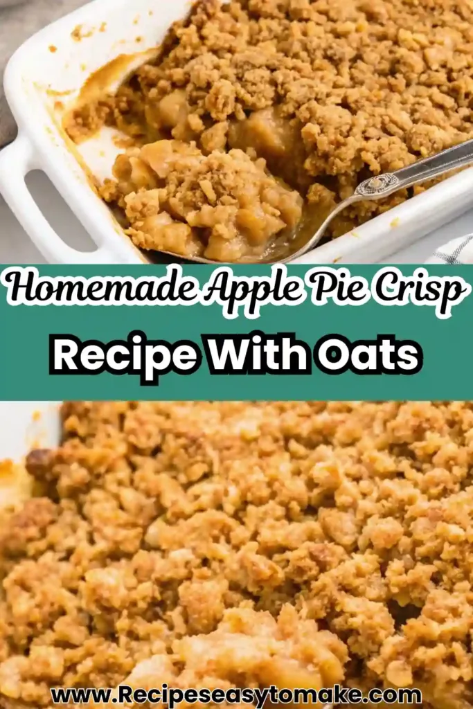 Homemade apple crisp with oats in a white baking dish, topped with golden crumble and ready to serve with a spoon.