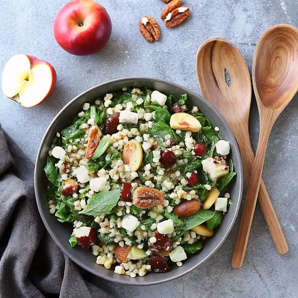 Healthy apple walnut quinoa salad with spinach, feta cheese, cranberries, and nuts served in a bowl.