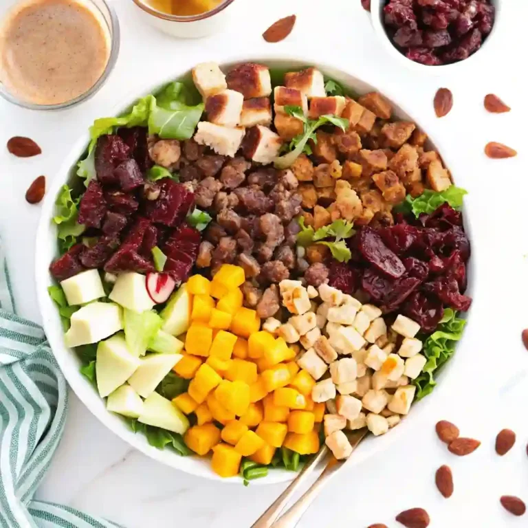 Autumn Chopped Salad Recipe: The Side Salad For Thanksgiving You’ll Keep Making harvest chicken sweet potato salad Colorful autumn chopped salad with apples, roasted squash, dried cranberries, nuts, and chicken served in a white bowl.