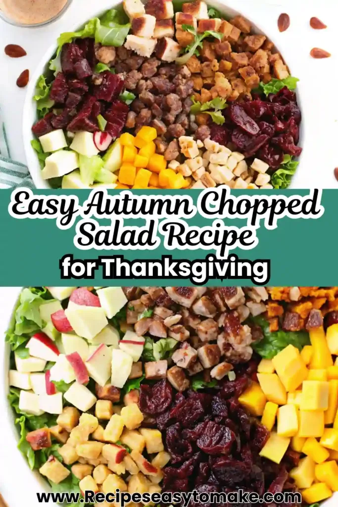 Autumn Chopped Salad Recipe: The Side Salad For Thanksgiving You’ll Keep Making Autumn Chopped Salad Recipe Colorful autumn chopped salad with apples, cranberries, squash, chicken, and nuts in a white bowl, perfect for Thanksgiving.