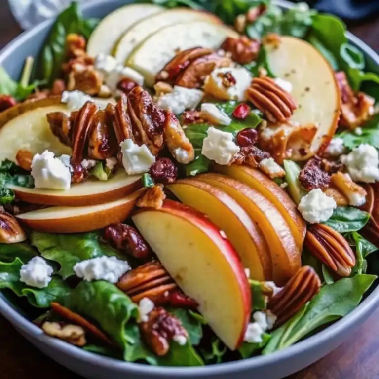Fresh autumn harvest salad with crisp Honeycrisp apple slices, feta cheese, candied pecans, and mixed greens.