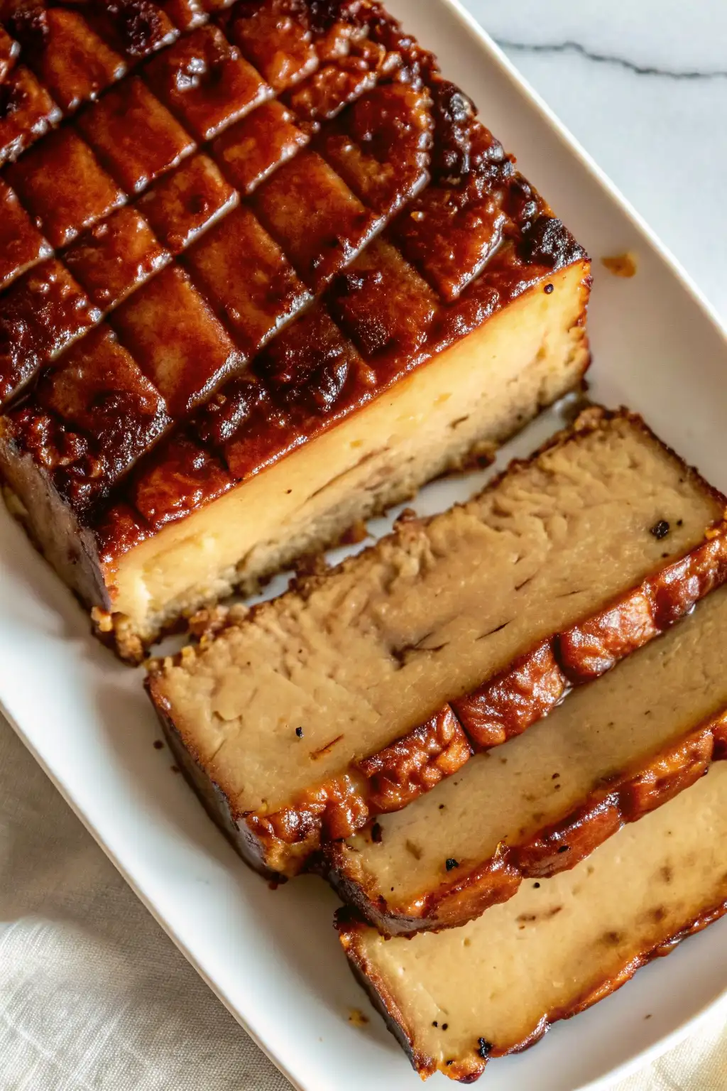Brown Sugar Glazed Tofu: Sweet, Savory, and Crispy Perfection Brown Sugar Glazed Tofu Whole brown sugar glazed tofu roast with caramelized crosshatch pattern, sliced on a white plate