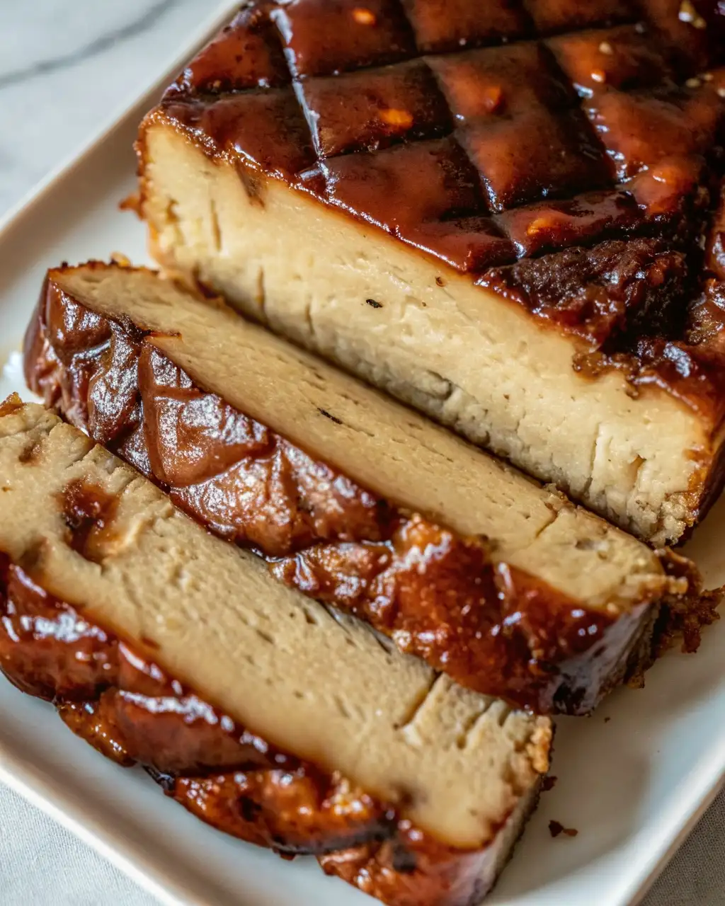 Sliced brown sugar glazed tofu with a caramelized coating served on a white plate