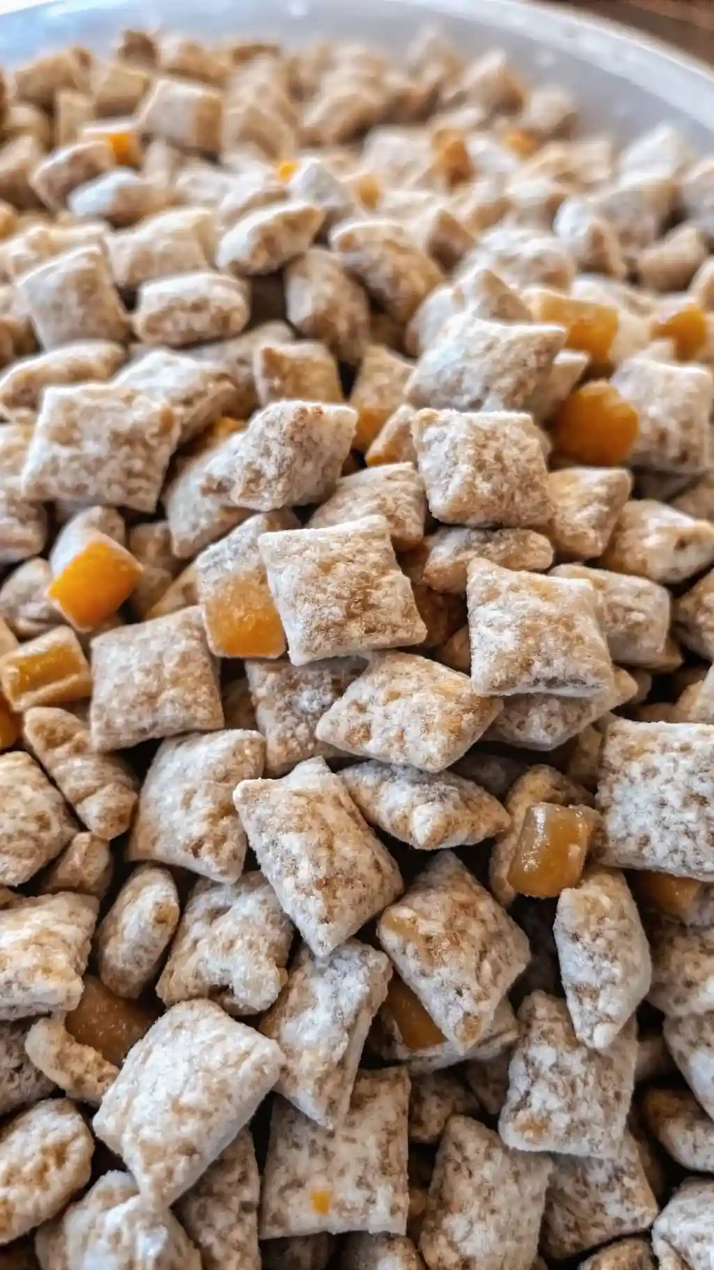Caramel apple puppy chow coated in powdered sugar with crunchy cereal pieces and chewy caramel bits.