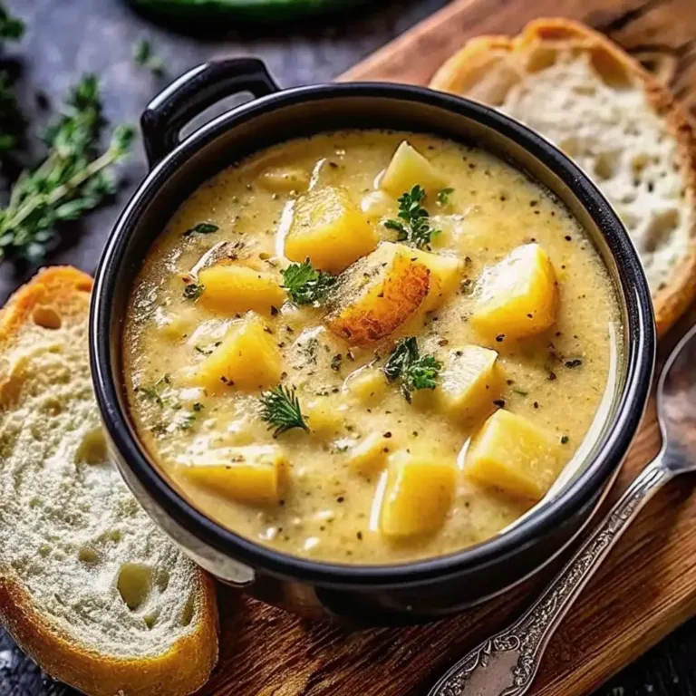 Cheddar Garlic Herb Potato Soup – Creamy, Cozy & Flavorful One-Pot Hamburger Soup with Macaroni Rustic bowl of cheddar garlic herb potato soup with tender potato chunks, creamy broth, fresh herbs, and served with crusty bread.