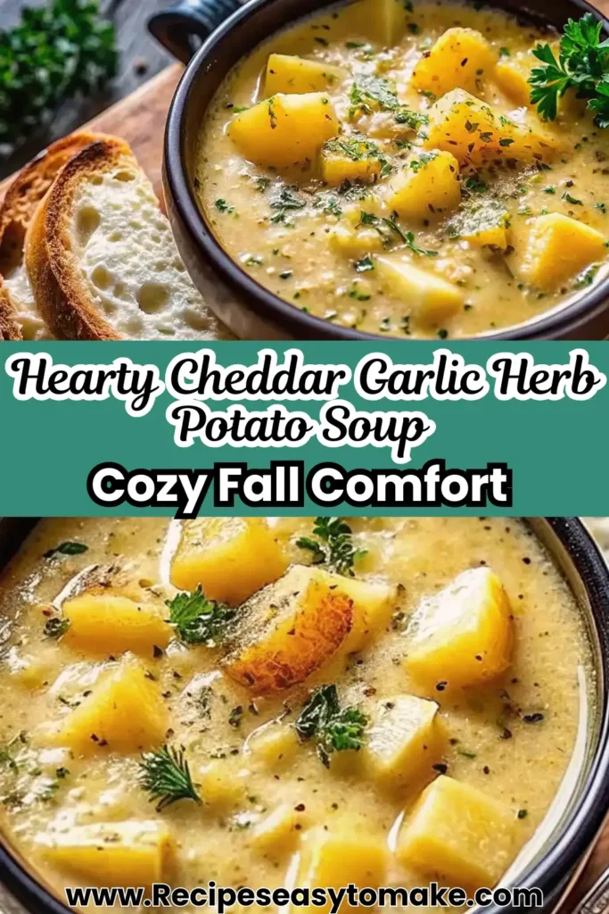 Cheddar Garlic Herb Potato Soup – Creamy, Cozy & Flavorful Cheddar Garlic Herb Potato Soup Creamy cheddar garlic herb potato soup with tender potato chunks, fresh herbs, and served with slices of crusty bread.