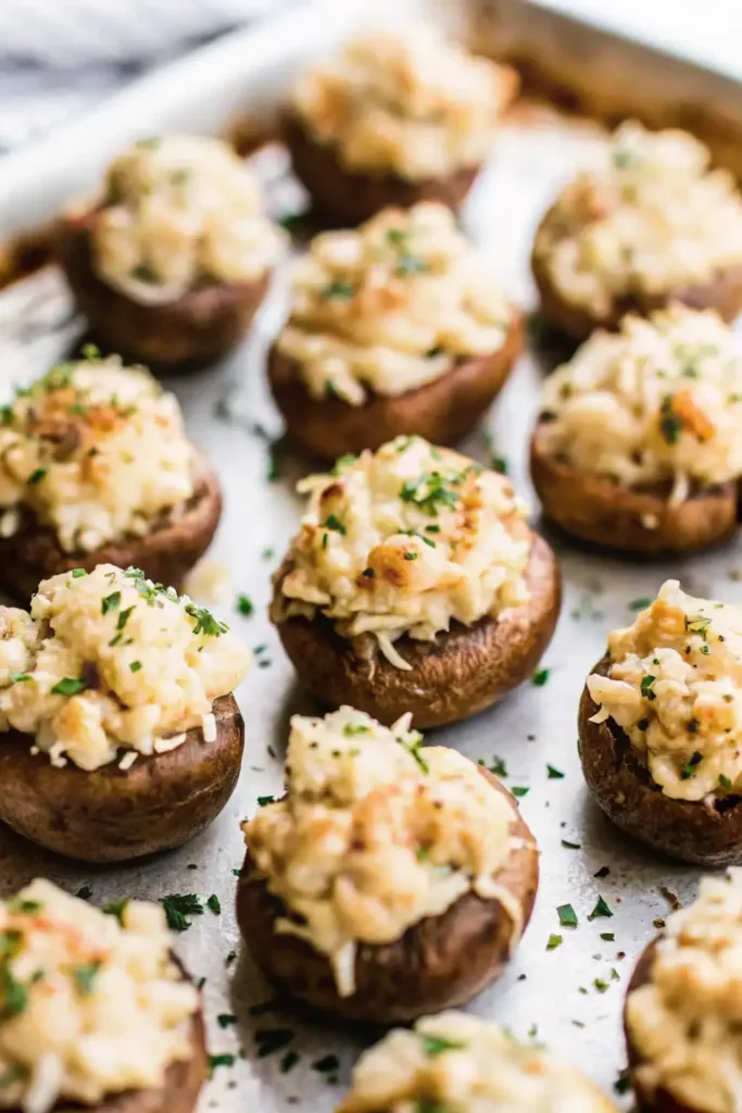 Christmas stuffed mushrooms filled with creamy cheese mixture and herbs baked on a tray