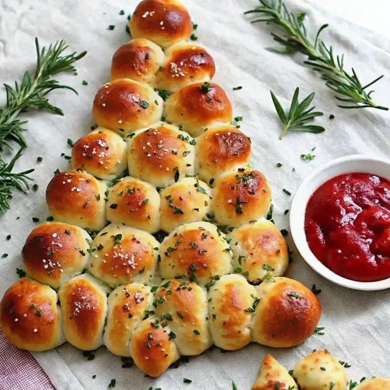 Golden brown cheesy Christmas tree bread pull-apart with fresh herbs and sea salt, served with marinara dipping sauce.