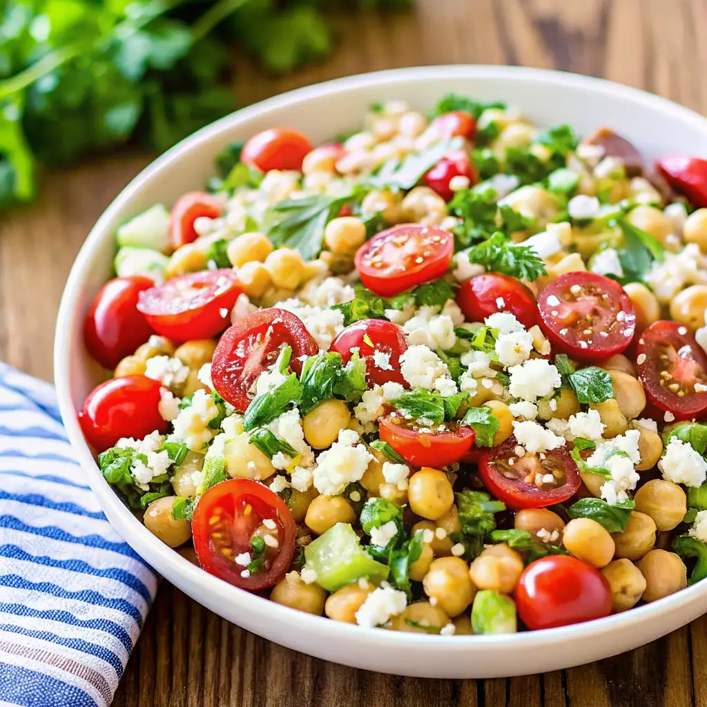 Chickpea Feta Avocado Salad – Fresh, Healthy, and Ready in 15 Minutes Chickpea Feta Avocado Salad Fresh chickpea feta avocado salad with cherry tomatoes, cucumber, parsley, and crumbled feta in a white bowl.