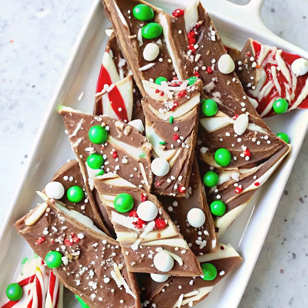Chocolate Candy Cane Bark: Festive, Easy & Irresistible Holiday Treat Chocolate Candy Cane Bark Festive chocolate candy cane bark topped with white chocolate swirls, green and red candies, and peppermint pieces