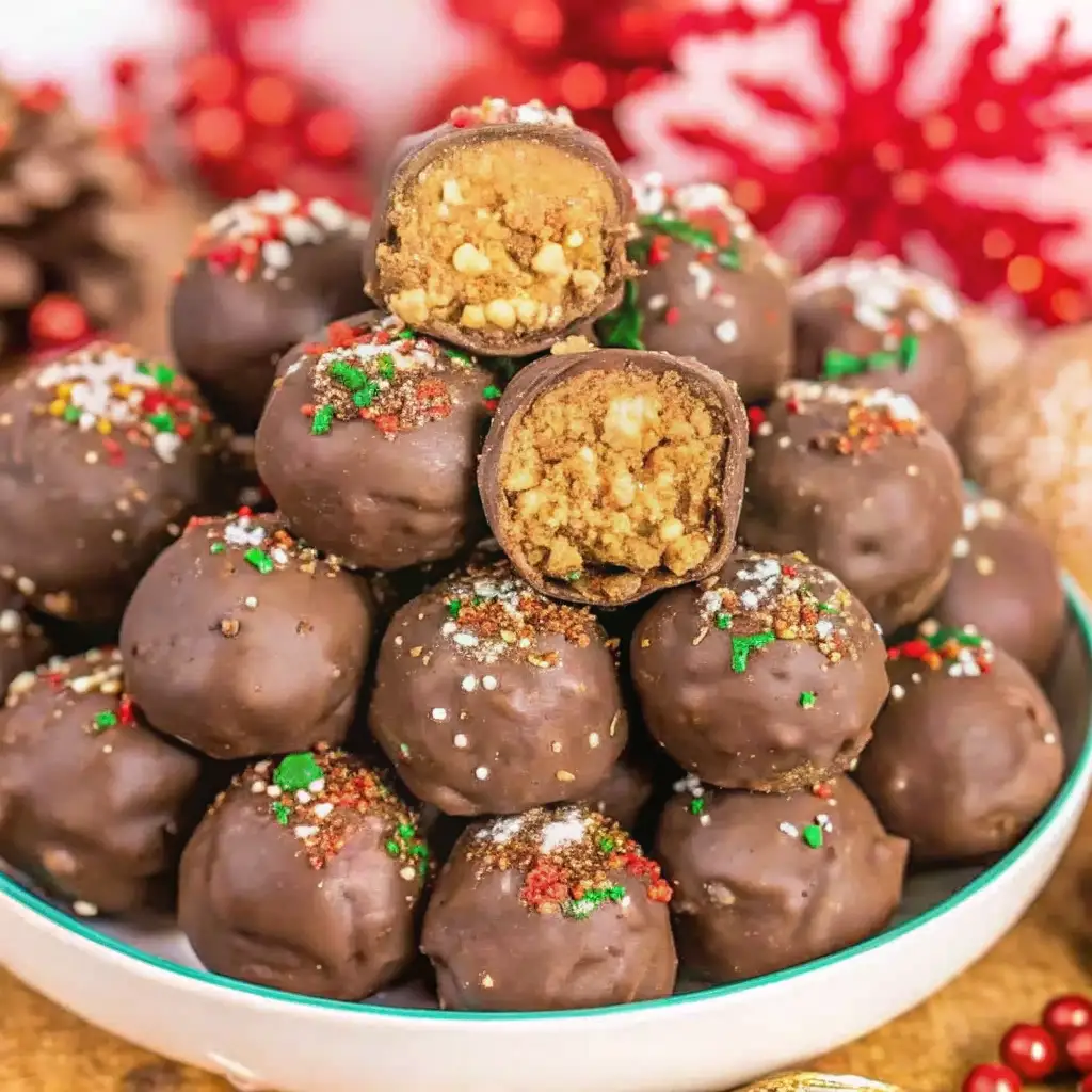 A festive bowl stacked with chocolate-dipped no bake pecan pie balls, topped with red, green, and white sprinkles, with two balls cut open to show the nutty pecan filling inside.