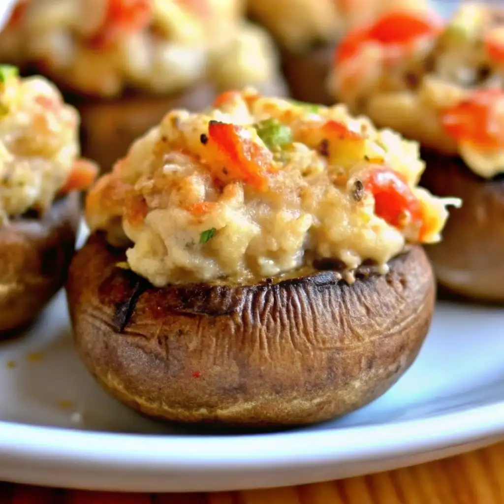 Christmas stuffed mushrooms filled with creamy cheese, herbs, and vegetables on a white plate