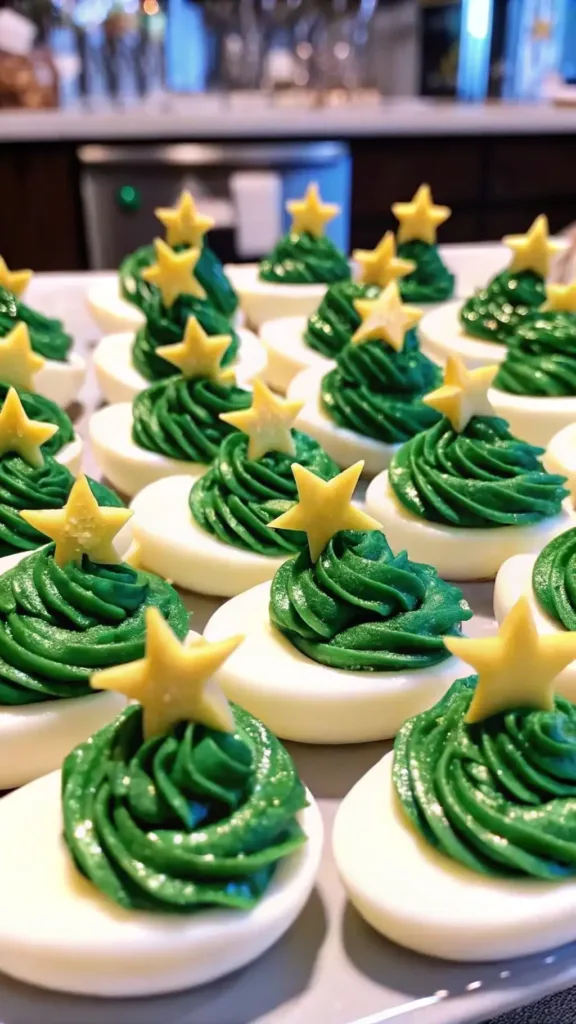 Deviled Egg Christmas Trees – Festive Holiday Appetizer Deviled Egg Christmas Trees Festive deviled eggs decorated as Christmas trees with green filling and star toppers on a serving tray