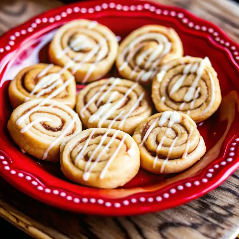 Freshly baked cinnamon roll cookies with icing drizzle served on a red decorative plate