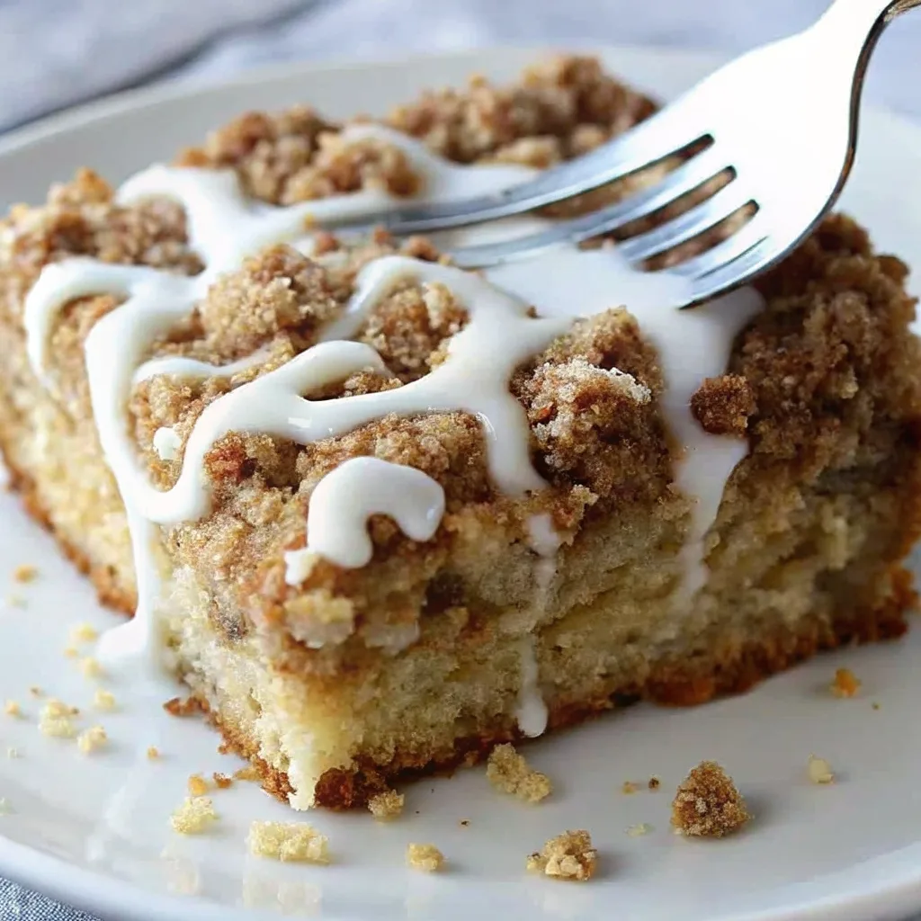 Close-up of a moist cinnamon streusel coffee cake topped with white icing drizzle and a crumbly topping, with a fork cutting into it.