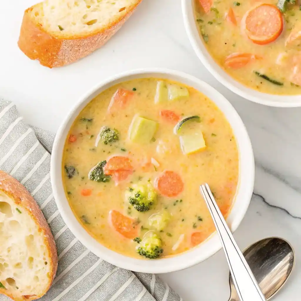 Creamy Vegetable Soup Recipe That’s Cozy, Comforting, and Easy Creamy Vegetable Soup Bowl of creamy vegetable soup with carrots, broccoli, zucchini, and herbs served with crusty bread on the side.
