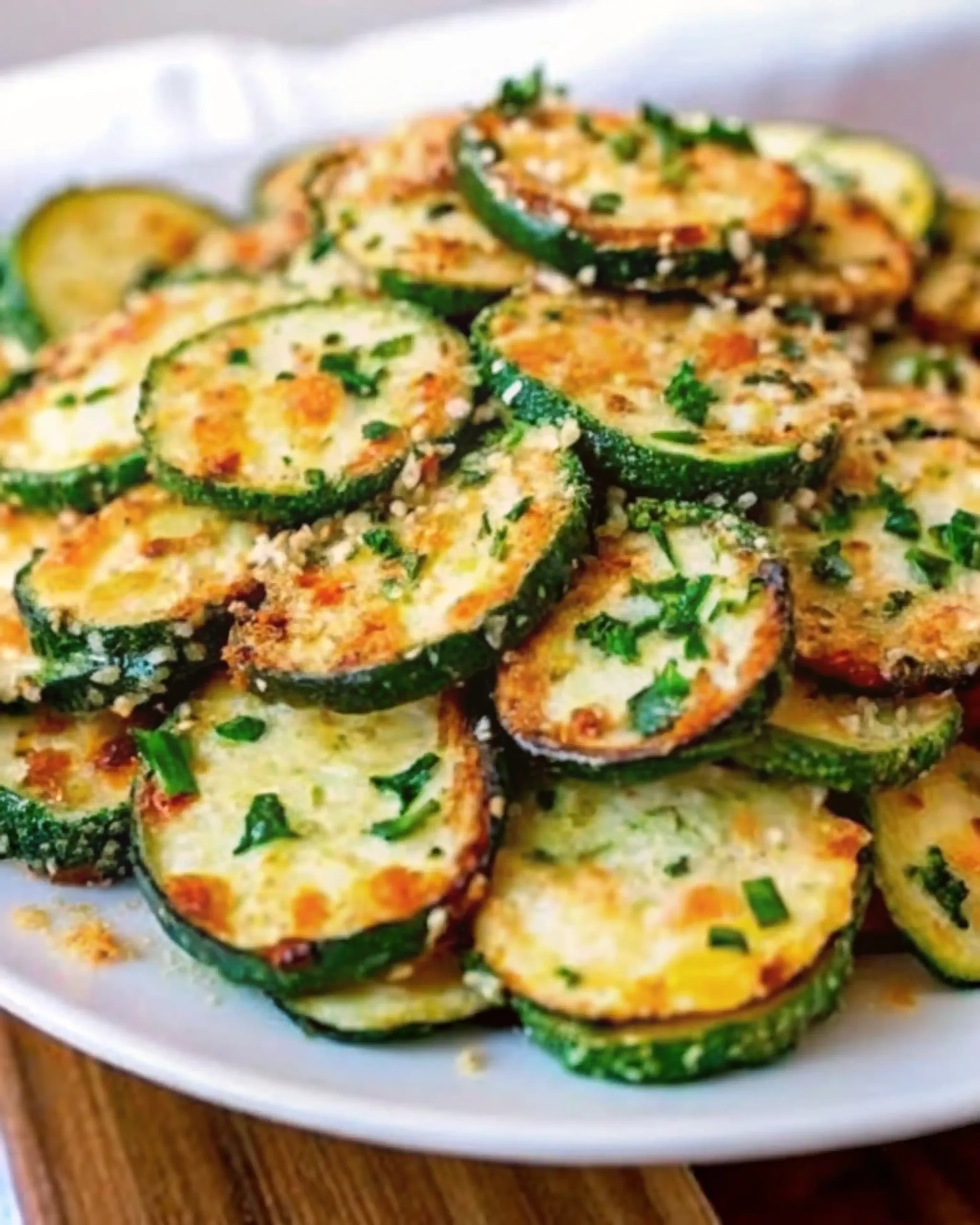 Crispy Baked Parmesan Zucchini – Easy Cheesy Side in 20 Minutes Crispy Baked Parmesan Zucchini Golden brown crispy baked parmesan zucchini slices garnished with fresh parsley on a white plate.
