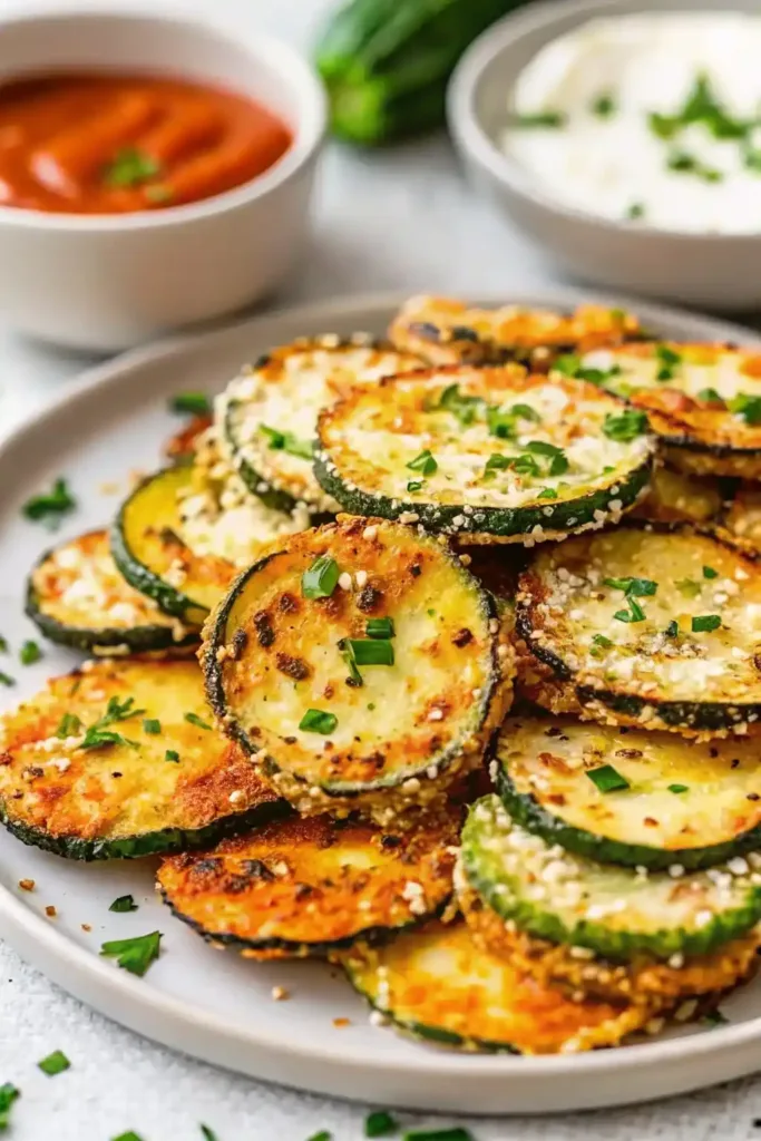 Crispy Baked Parmesan Zucchini – Easy Cheesy Side in 20 Minutes Crispy Baked Parmesan Zucchini Crispy baked parmesan zucchini chips garnished with fresh herbs, served on a plate with dipping sauces.
