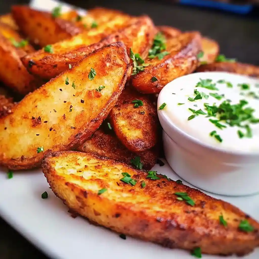 Crispy Potato Wedges Recipe: Garlic Parmesan Seasoned Wedges Crispy Potato Wedges Recipe Golden brown crispy potato wedges baked to perfection and garnished with fresh herbs, served with creamy dipping sauce.