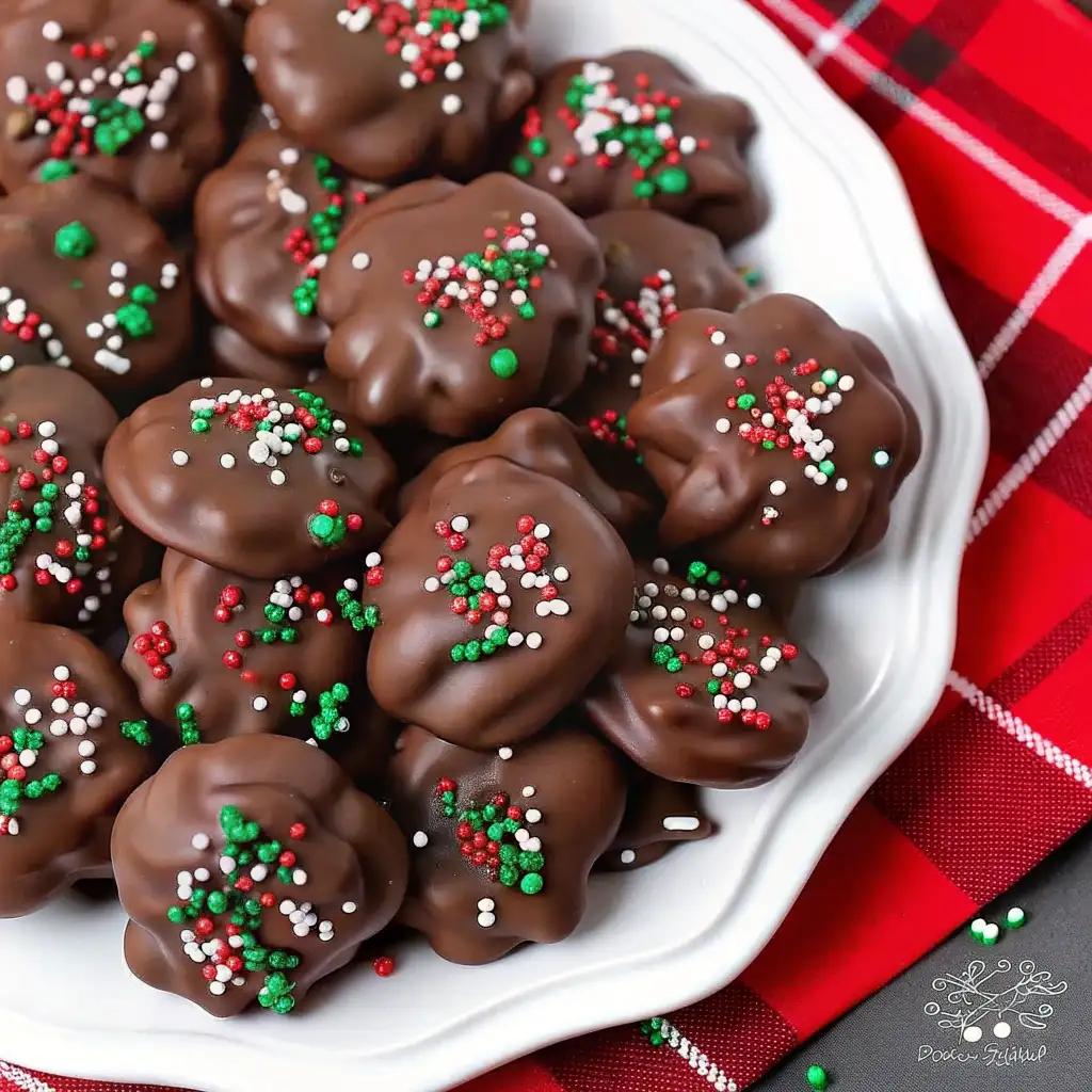 A plate of homemade Crock Pot Candy topped with festive red, green, and white sprinkles, perfect for Christmas.