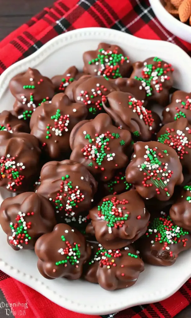 Crock Pot Candy with festive red, green, and white sprinkles on top, served on a white holiday plate.