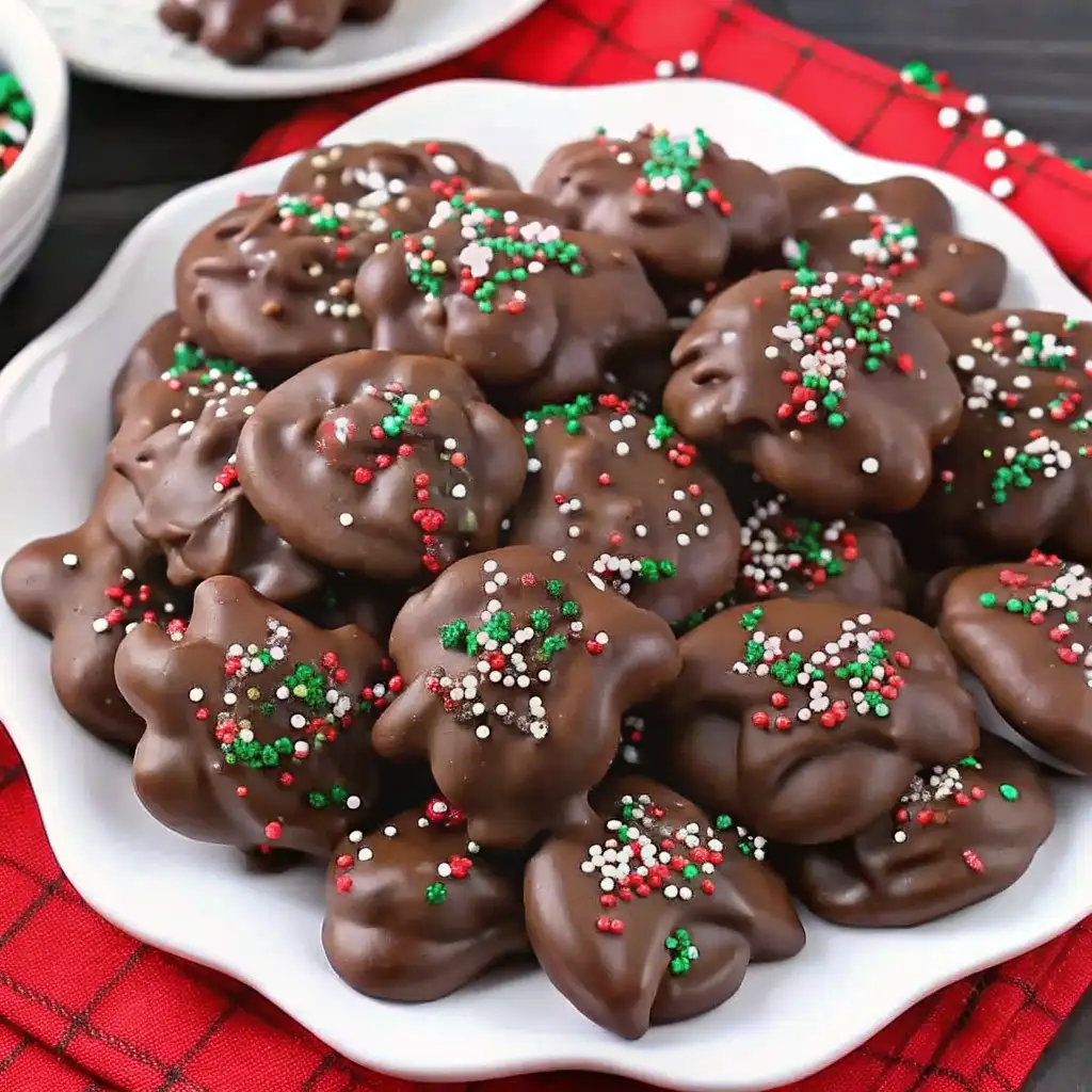Homemade Crock Pot Candy topped with festive red, green, and white sprinkles, served on a holiday plate.