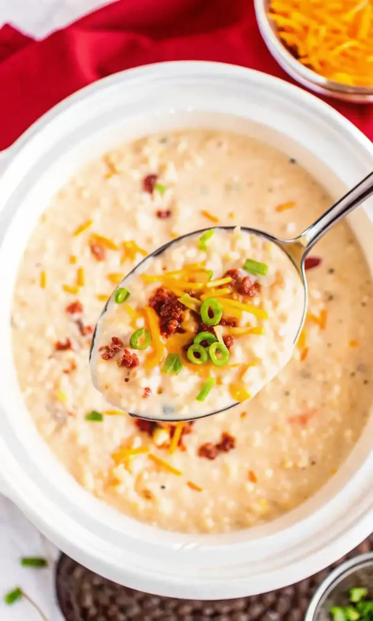 Creamy crock pot crack potato soup served in a white slow cooker, topped with cheddar cheese, bacon bits, and green onions.