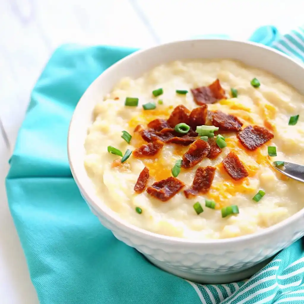 Bowl of creamy crock pot crack potato soup topped with crispy bacon, melted cheddar cheese, and fresh green onions.
