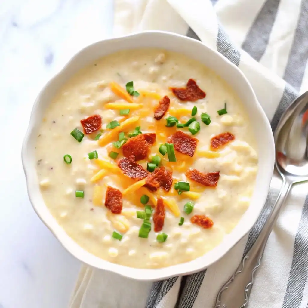 Bowl of creamy crock pot crack potato soup topped with shredded cheddar cheese, crispy bacon pieces, and fresh green onions.
