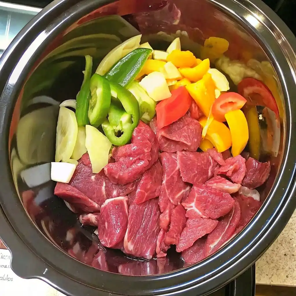 Crockpot Pepper Steak Recipe You’ll Crave Every Weeknight Crockpot Pepper Steak Raw beef chunks with sliced bell peppers, onions, and garlic placed in a crockpot, ready for cooking pepper steak.