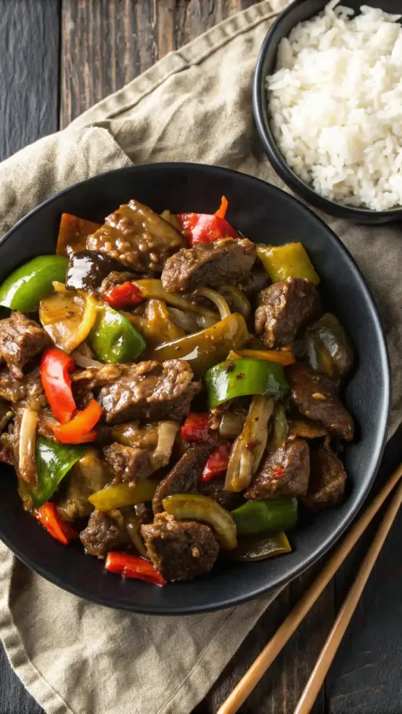Crockpot Pepper Steak Recipe You’ll Crave Every Weeknight Crockpot Pepper Steak Crockpot pepper steak with tender beef, onions, and bell peppers served in a black bowl with a side of steamed white rice.