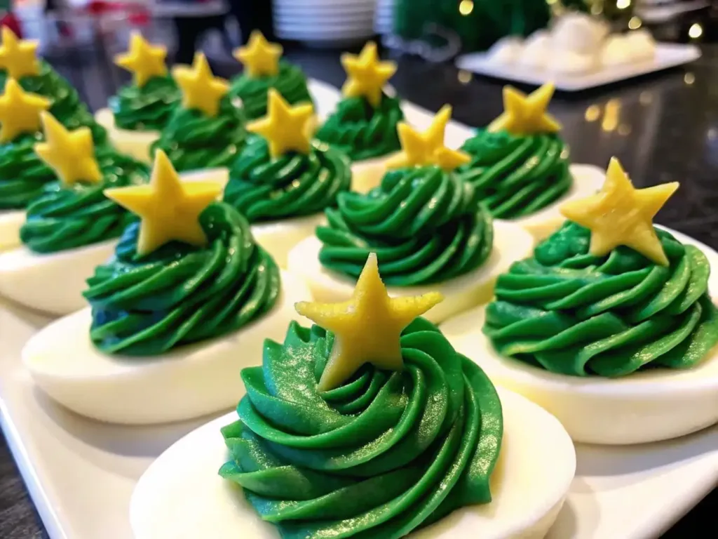 Festive deviled eggs decorated as Christmas trees with green filling and star toppers on a platter