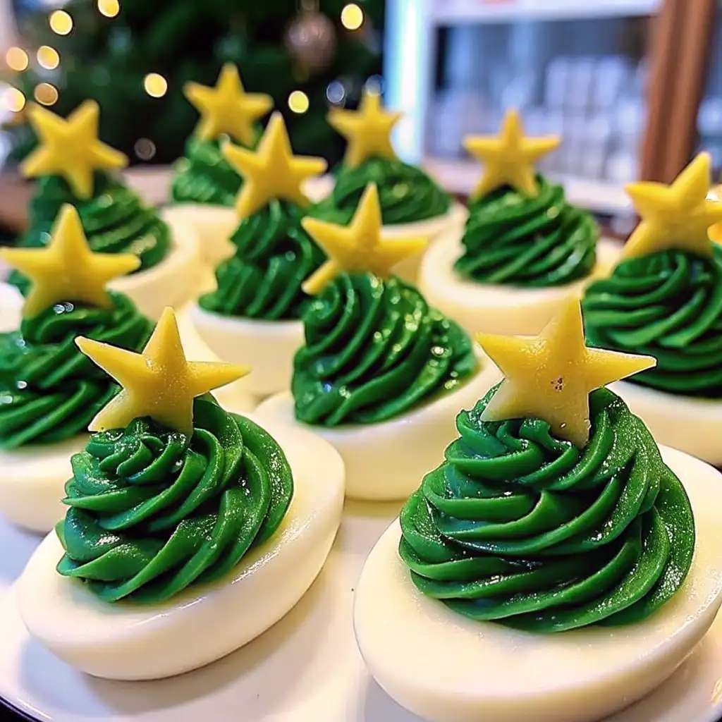 Festive deviled eggs decorated as Christmas trees with green filling and star toppers