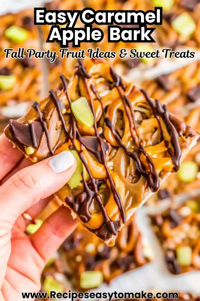 Easy Caramel Apple Bark – Perfect Fall Party Snack Easy Caramel Apple Bark Piece of caramel apple bark topped with chocolate drizzle, caramel, and apple chunks a festive fall sweet treat.