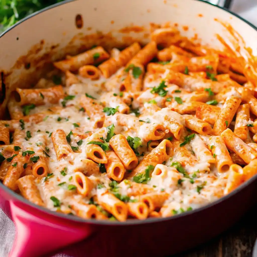 Creamy parmesan chicken pasta with tender chicken, garlic, and melted cheese in a skillet