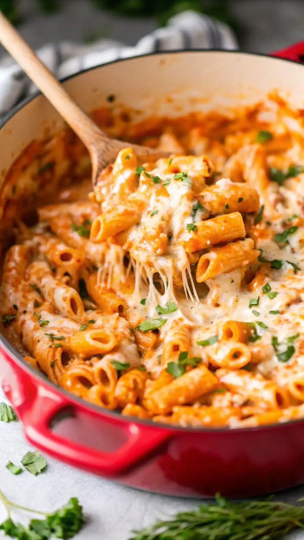 Creamy Parmesan chicken pasta with melted cheese and fresh parsley in a red Dutch oven