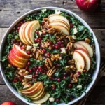 Fall harvest kale salad with sliced Honeycrisp apples, pomegranate seeds, pecans, and cheese served in a large bowl.