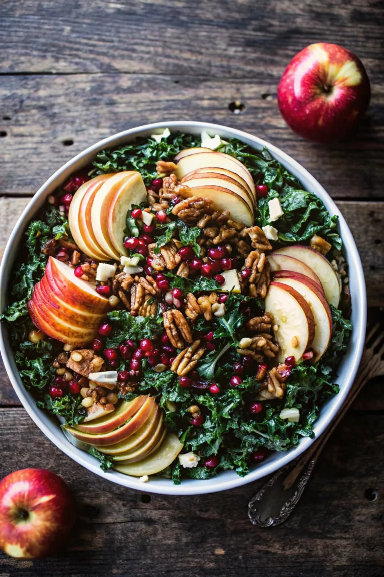 Fall Harvest Honeycrisp Apple and Kale Salad harvest chicken sweet potato salad Fall harvest kale salad with sliced Honeycrisp apples, pomegranate seeds, pecans, and cheese served in a large bowl.
