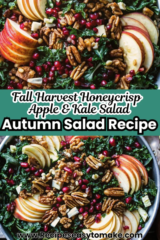 Fall Harvest Honeycrisp Apple and Kale Salad Fall Harvest Honeycrisp Apple and Kale Salad Fresh autumn kale salad with sliced Honeycrisp apples, pomegranate seeds, pecans, and cheese served in a large bowl.