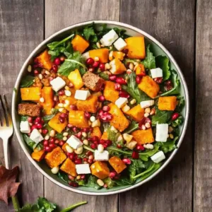 A colorful fall harvest salad with roasted butternut squash, apples, feta cheese, pomegranate seeds, and fresh greens in a bowl.