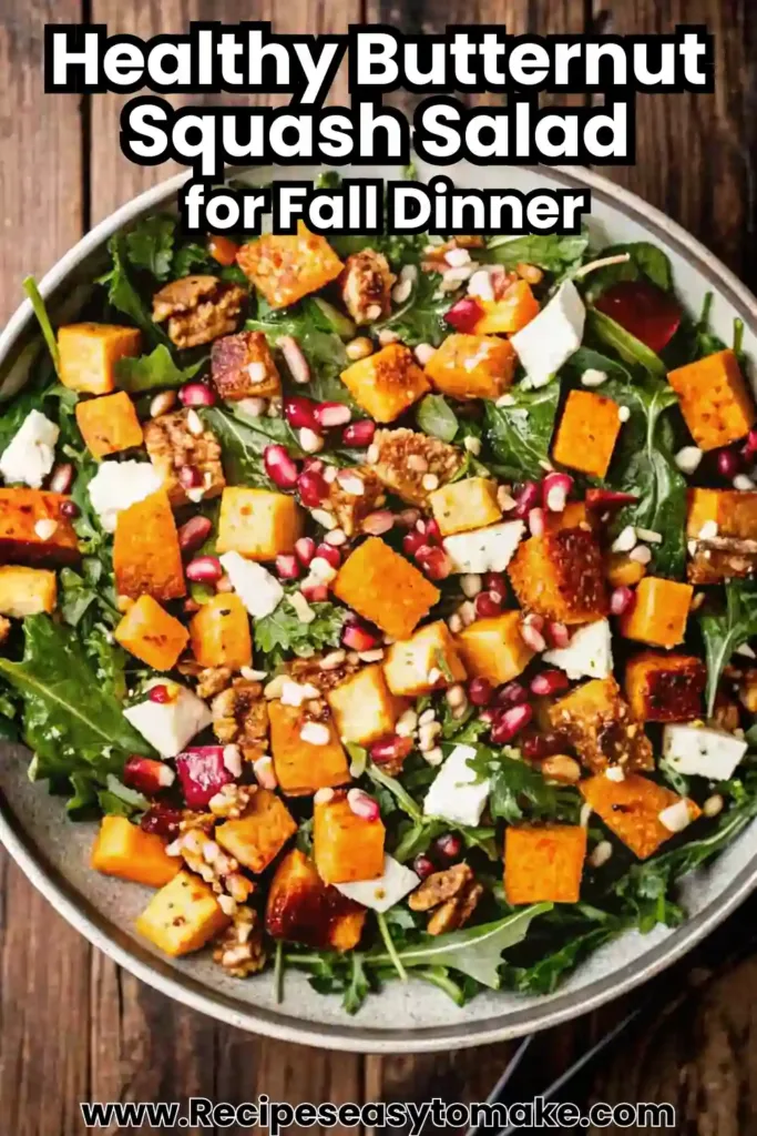 Fall Harvest Salad with Butternut Squash and Apple for Cozy Autumn Dinners Fall Harvest Salad with Butternut Squash and Apple A vibrant fall harvest salad with roasted butternut squash, crisp apple slices, feta cheese, pomegranate seeds, and fresh greens served in a large bowl.