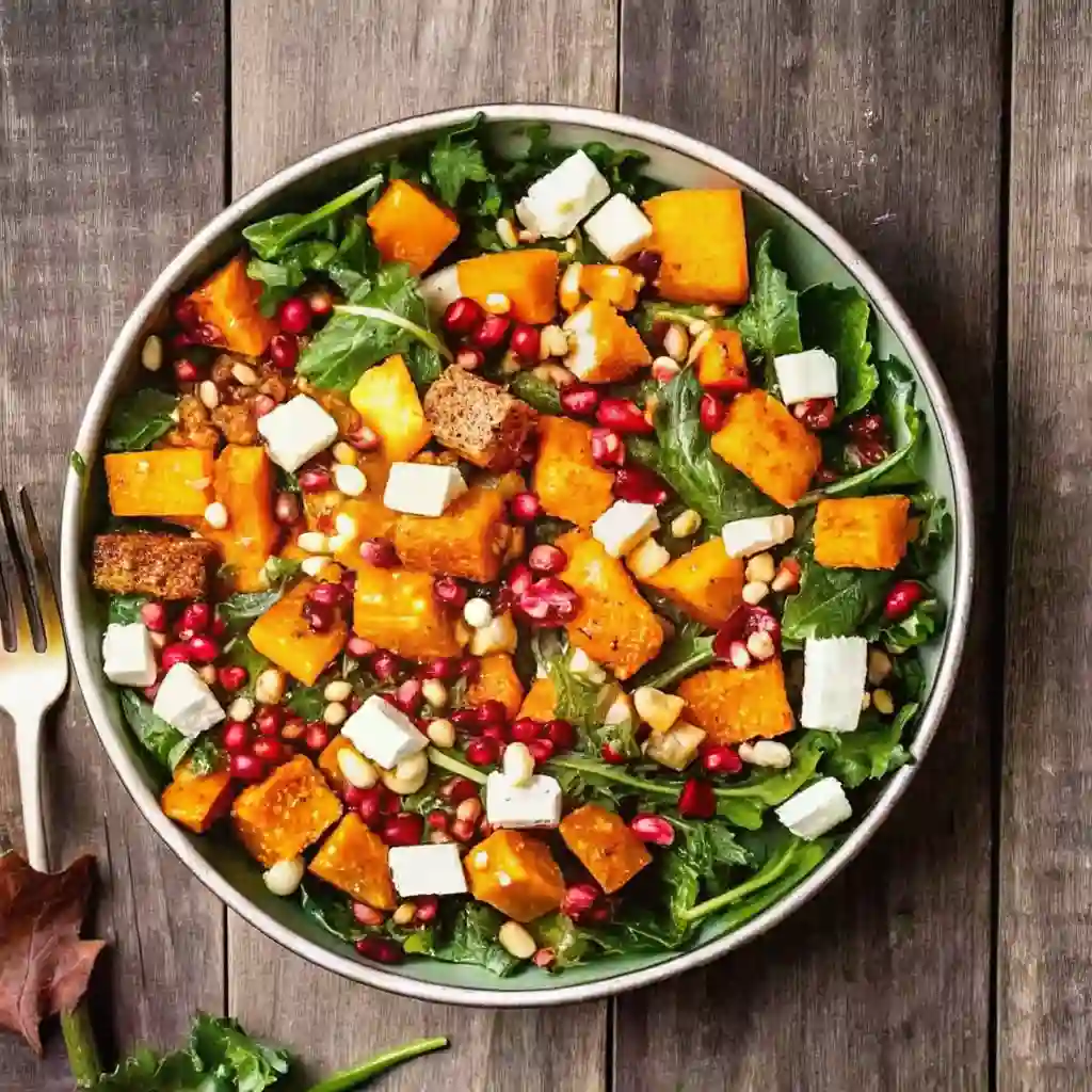 Fall Harvest Salad with Butternut Squash and Apple for Cozy Autumn Dinners Fall Harvest Salad with Butternut Squash and Apple A colorful fall harvest salad with roasted butternut squash, apples, feta cheese, pomegranate seeds, and fresh greens in a bowl.