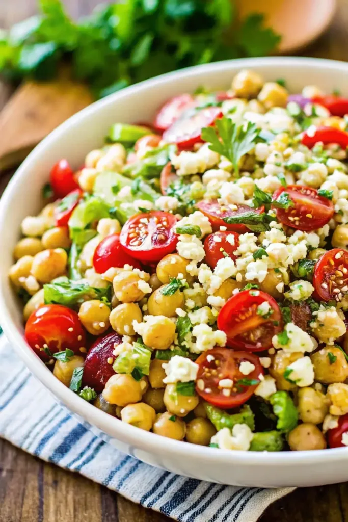 Chickpea Feta Avocado Salad – Fresh, Healthy, and Ready in 15 Minutes Chickpea Feta Avocado Salad Colorful chickpea feta avocado salad with cherry tomatoes, parsley, and crumbled feta in a white serving bowl.
