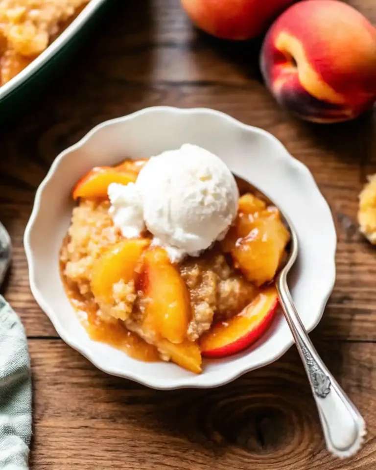 Fresh Peach Cobbler Recipe: The Sweet Summer Dessert You’ll Love Delicious Grandma’s Thanksgiving Stuffing Recipe A bowl of homemade fresh peach cobbler topped with a scoop of vanilla ice cream, served in a white dish with a spoon.