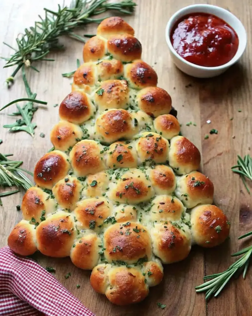 Cheesy Christmas Tree Bread: The Festive Pull-Apart Recipe Everyone Will Love Cheesy Christmas Tree Bread Festive Christmas tree-shaped pull-apart bread topped with garlic, herbs, and melted butter, served with marinara sauce.