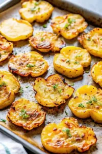 Crispy garlic parmesan smashed potatoes baked golden on a sheet pan and garnished with fresh herbs.