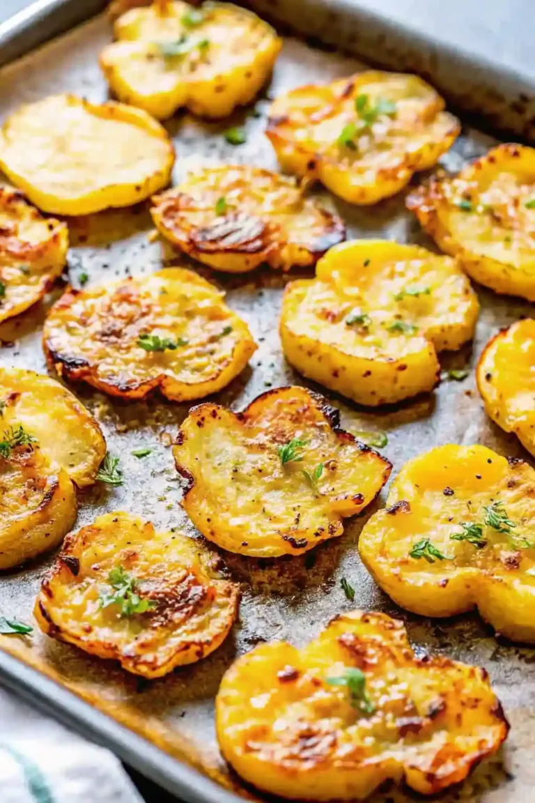 Smashed Potatoes Garlic Parmesan – Crispy & Cheesy Side Dish best cottage cheese chip recipe Crispy garlic parmesan smashed potatoes baked golden on a sheet pan and garnished with fresh herbs.