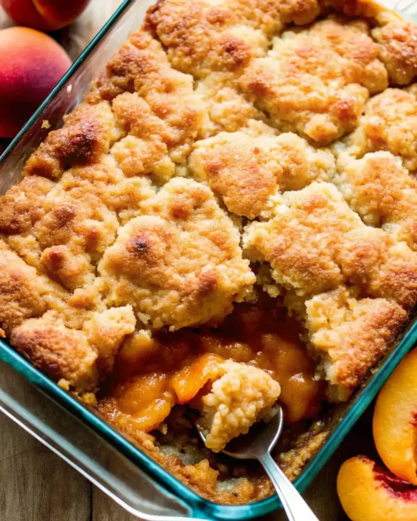 Fresh Peach Cobbler Recipe: The Sweet Summer Dessert You’ll Love Fresh Peach Cobbler Recipe Homemade peach cobbler with a golden, buttery crust baked in a glass dish, with a spoonful revealing juicy peaches inside.
