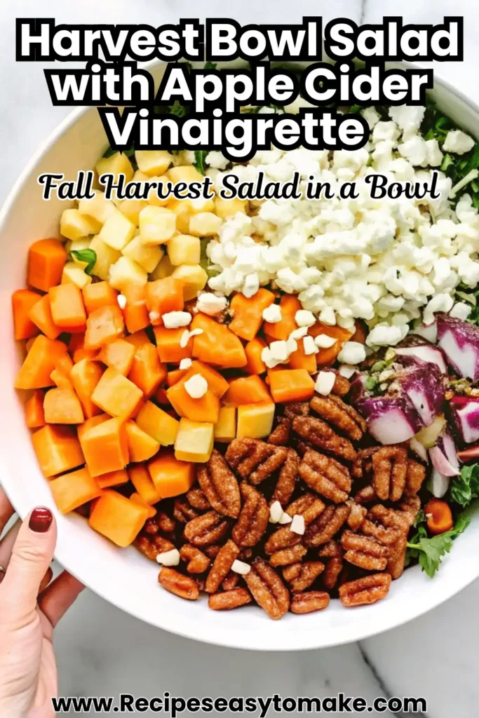 Harvest Bowl Salad with Apple Cider Vinaigrette – Colorful & Delicious Fall Recipe Harvest Bowl Salad with Apple Cider Vinaigrette Bowl of colorful harvest salad with roasted squash, apples, candied pecans, goat cheese, and fresh greens, topped with apple cider vinaigrette.