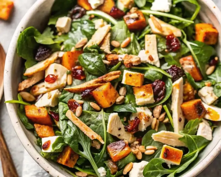 Harvest Chicken Sweet Potato Salad: Fresh Fall Flavor You’ll Crave Autumn Chopped Salad Recipe Fresh harvest chicken sweet potato salad with roasted sweet potatoes, grilled chicken, dried cranberries, feta cheese, and spinach.